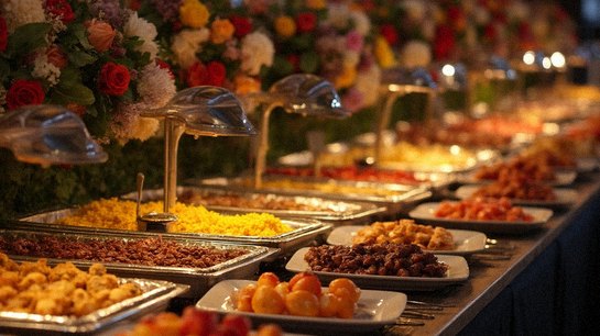 En farverig aftenbuffet med varme retter og desserter.