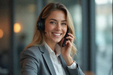 Portræt af vores kundeserviceansvarlige, der taler i telefon med et venligt udtryk.