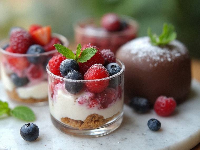 Miniature desserts selection: Nordisk bærtrifli og chokoladefondant