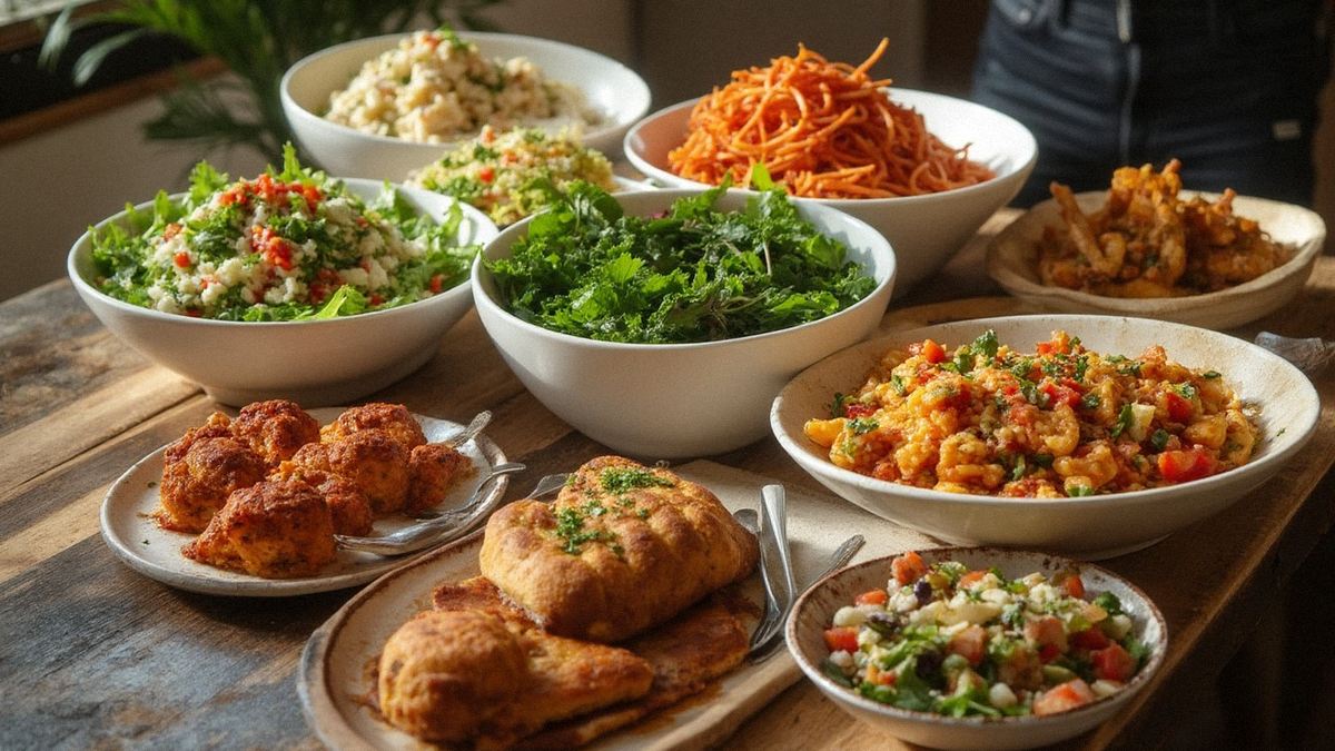 Et udvalg af forskellige retter, der viser mangfoldigheden i Dim Sum Experiences menuer, herunder vegetariske og kødretter.
