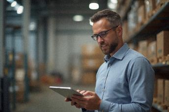 Portræt af vores logistikchef, der gennemgår en leveringsplan på en tablet.