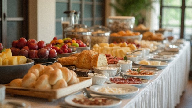 En overdådig morgenmadsbuffet med frisk frugt, brød og yoghurt.