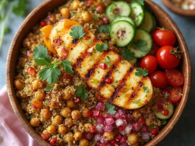 Vegetarisk quinoa bowl med grillet halloumi og harissa-dressing