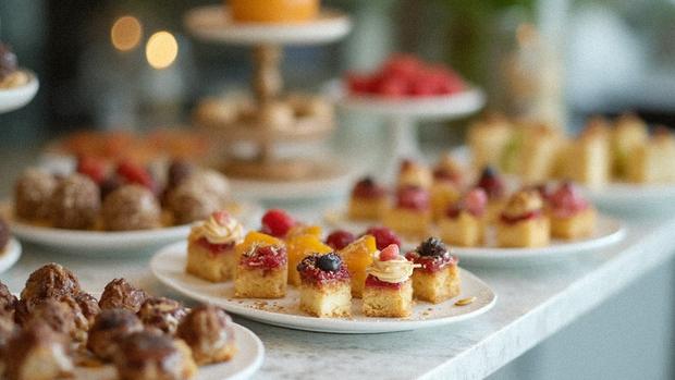 Et udvalg af små, delikate desserter og snacks.