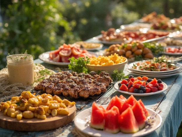 Sommermenu med grillretter og friske bær